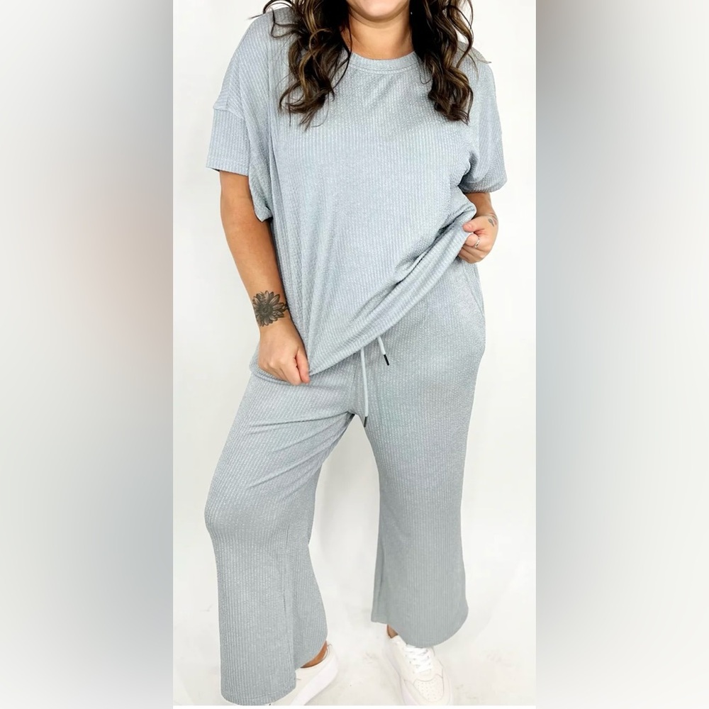 Double Take Textured Round Neck Short Sleeve T-Shirt and Wide Leg Pants set